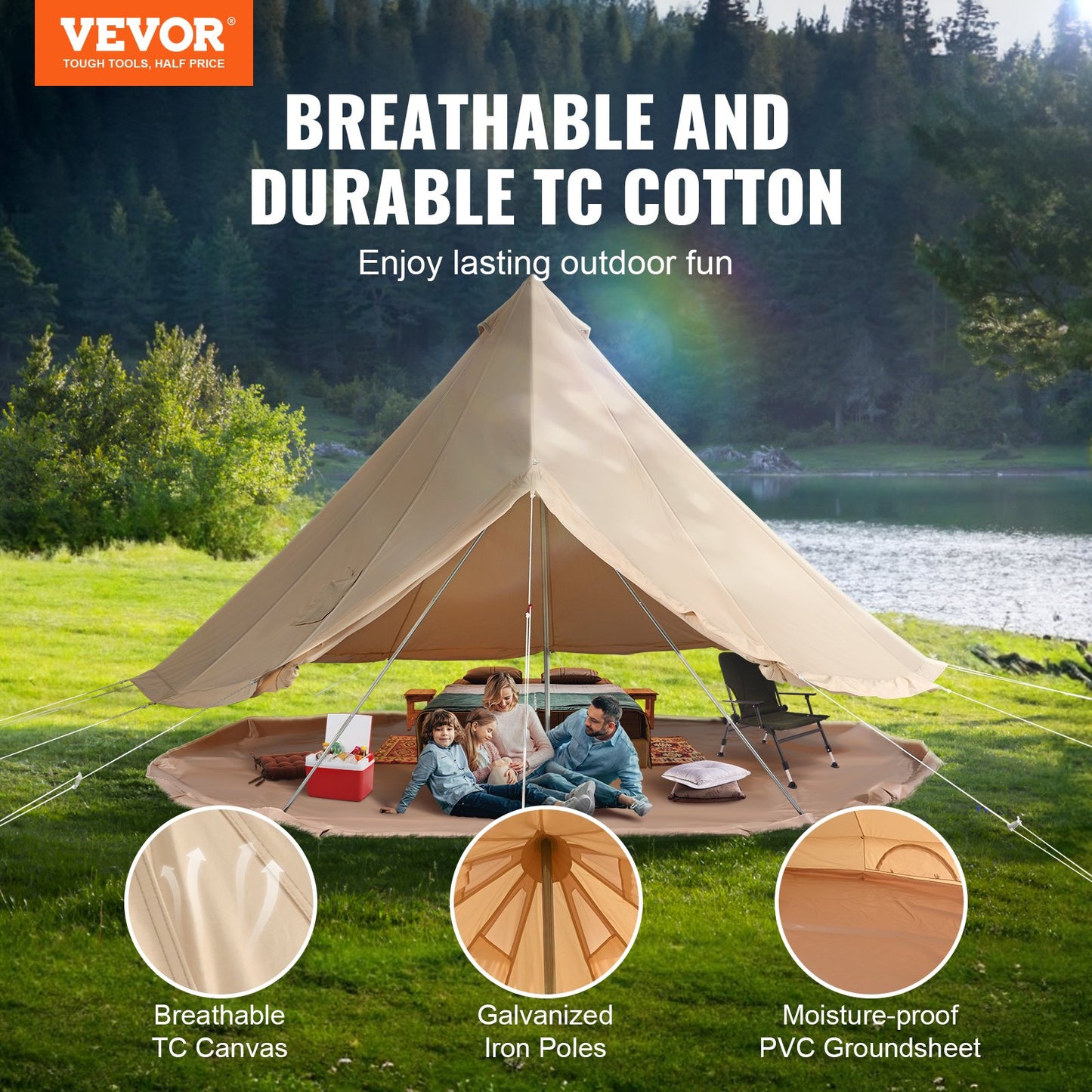 VEVOR Canvas Bell Tent, 4 Seasons 6 m/19.68 ft Yurt Tent, Canvas Tent for Camping