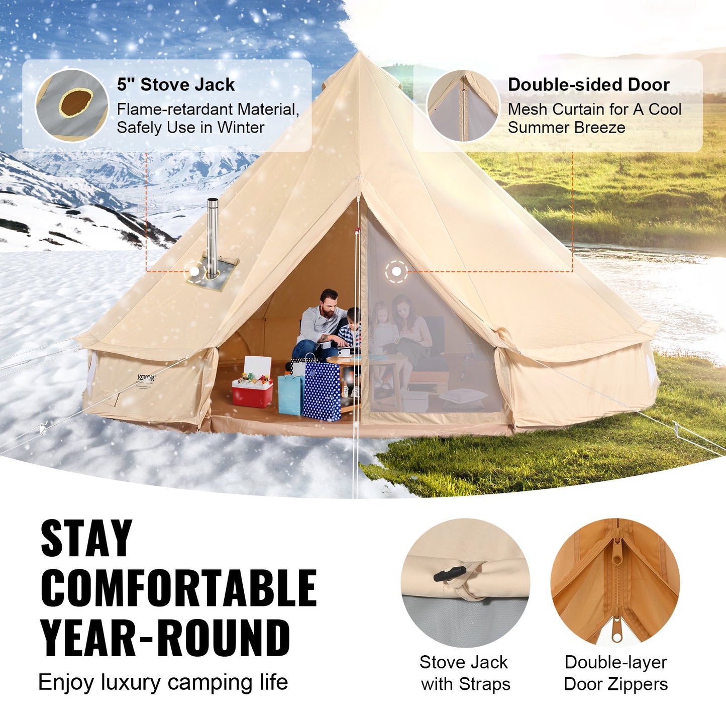 VEVOR Canvas Bell Tent, 4 Seasons 6 m/19.68 ft Yurt Tent, Canvas Tent for Camping