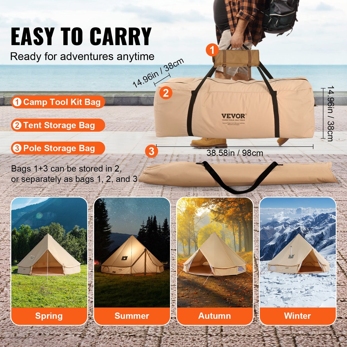 VEVOR Canvas Bell Tent, 4 Seasons 6 m/19.68 ft Yurt Tent, Canvas Tent for Camping