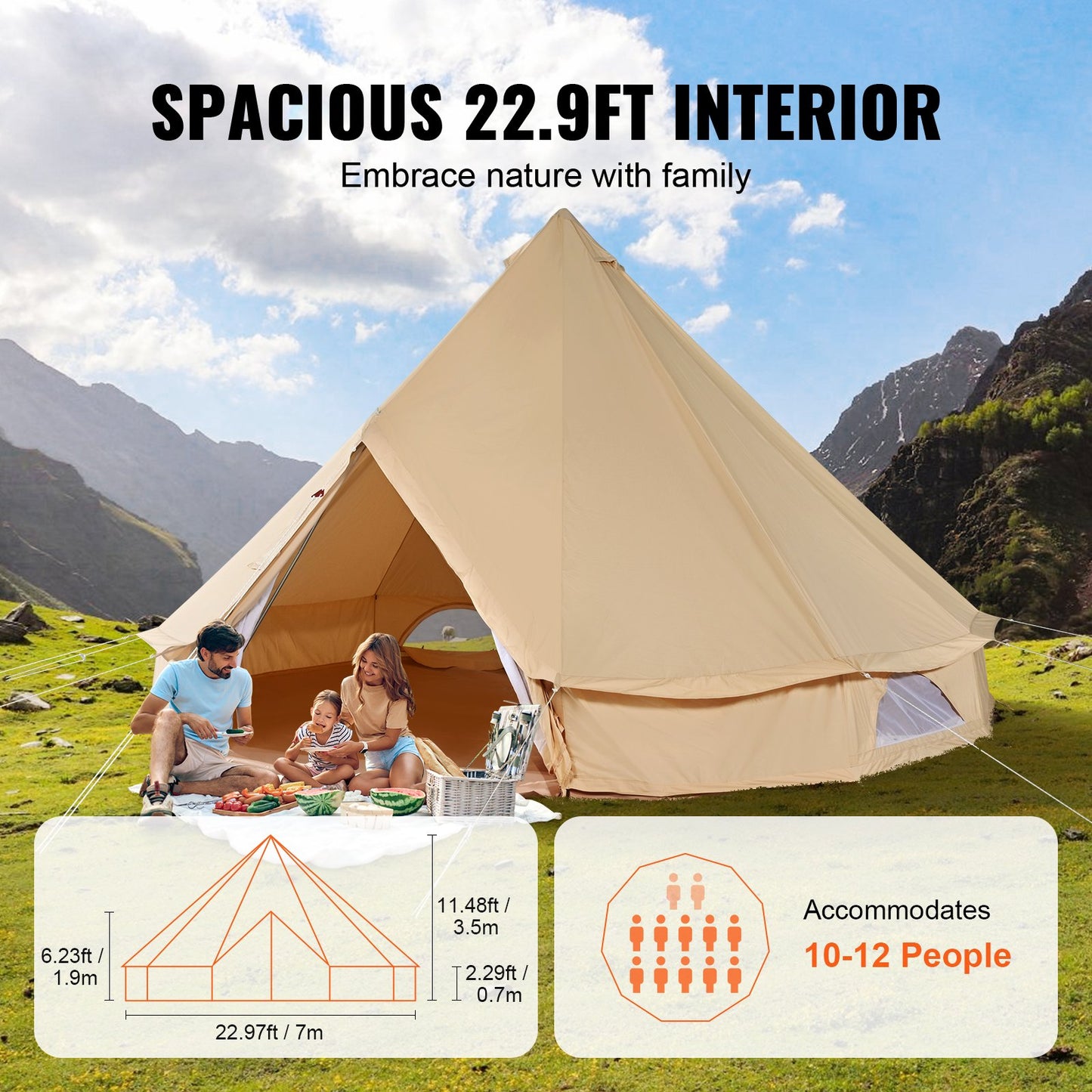 VEVOR Canvas Bell Tent, 4 Seasons 7 m/22.97 ft Yurt Tent, Canvas Tent for Camping