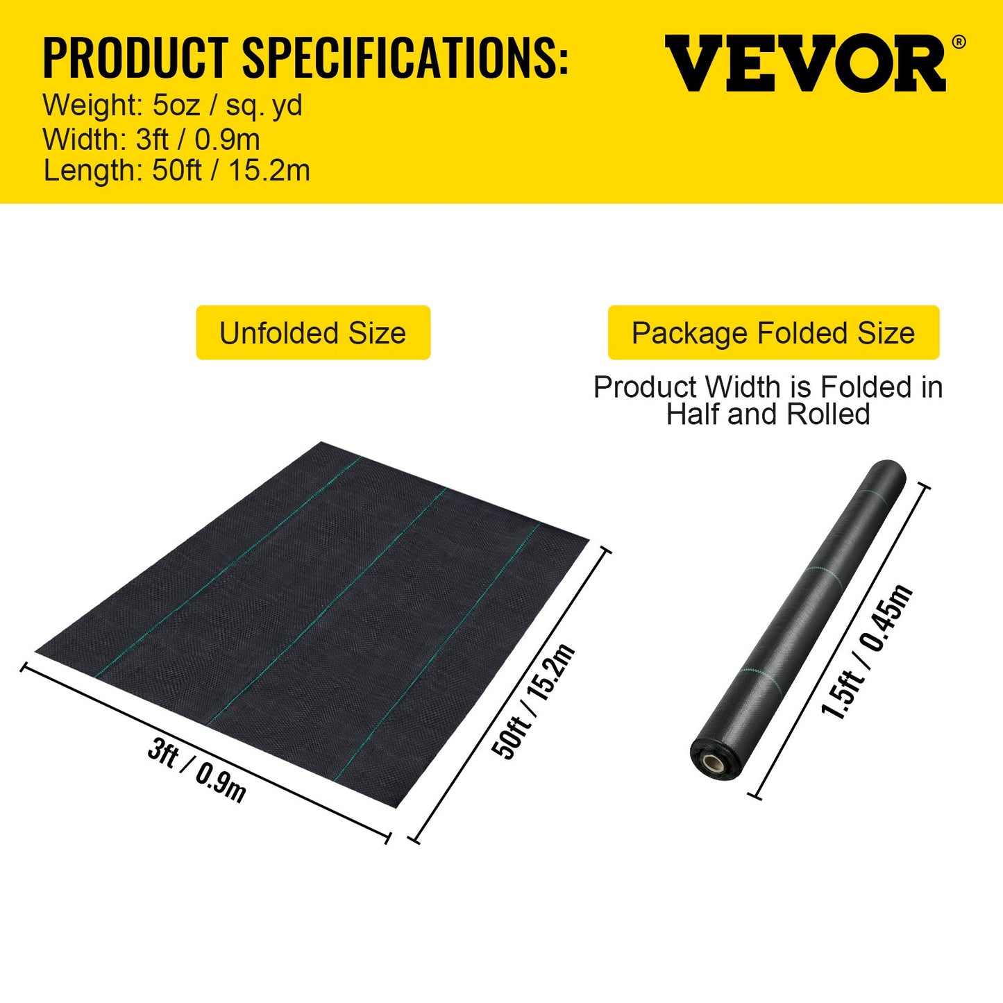 VEVOR Weed Barrier Landscape Fabric 5oz 3 x 50 ft Garden Woven Ground Cover Mat