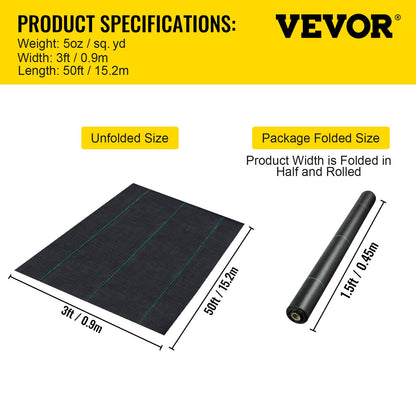 VEVOR Weed Barrier Landscape Fabric 5oz 3 x 50 ft Garden Woven Ground Cover Mat
