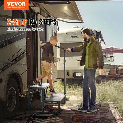2-Step RV Stairs with Handrail, 200 kg Capacity, Non-Slip Carbon Steel Steps
