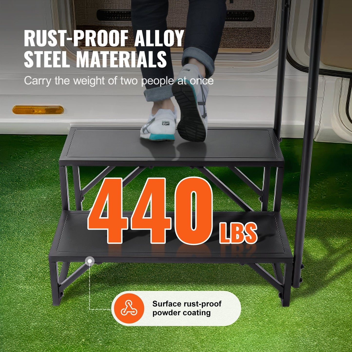 2-Step RV Stairs with Handrail, 200 kg Capacity, Non-Slip Carbon Steel Steps