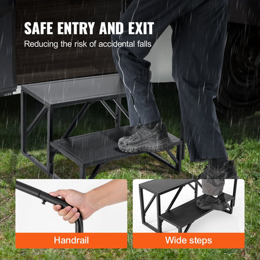 2-Step RV Stairs with Handrail, 200 kg Capacity, Non-Slip Carbon Steel Steps