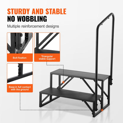 2-Step RV Stairs with Handrail, 200 kg Capacity, Non-Slip Carbon Steel Steps