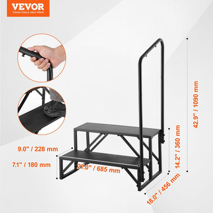 2-Step RV Stairs with Handrail, 200 kg Capacity, Non-Slip Carbon Steel Steps