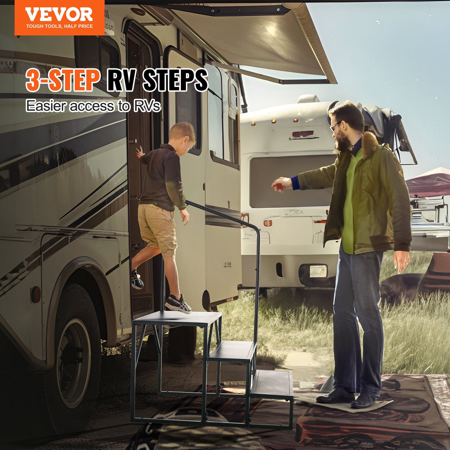 VEVOR RV Steps, 3-Step RV Stairs, 199.58KGS  Load Capacity, Thickened Carbon Steel,