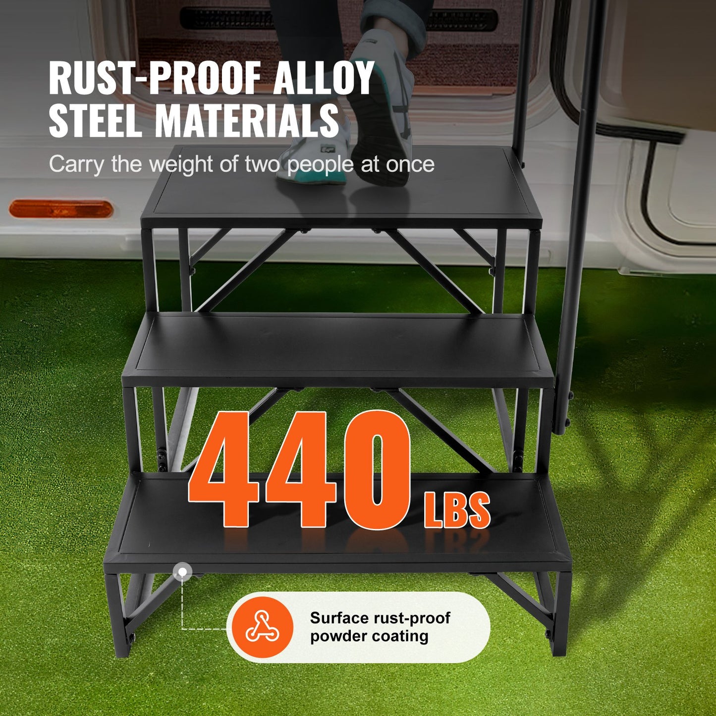 VEVOR RV Steps, 3-Step RV Stairs, 199.58KGS  Load Capacity, Thickened Carbon Steel,