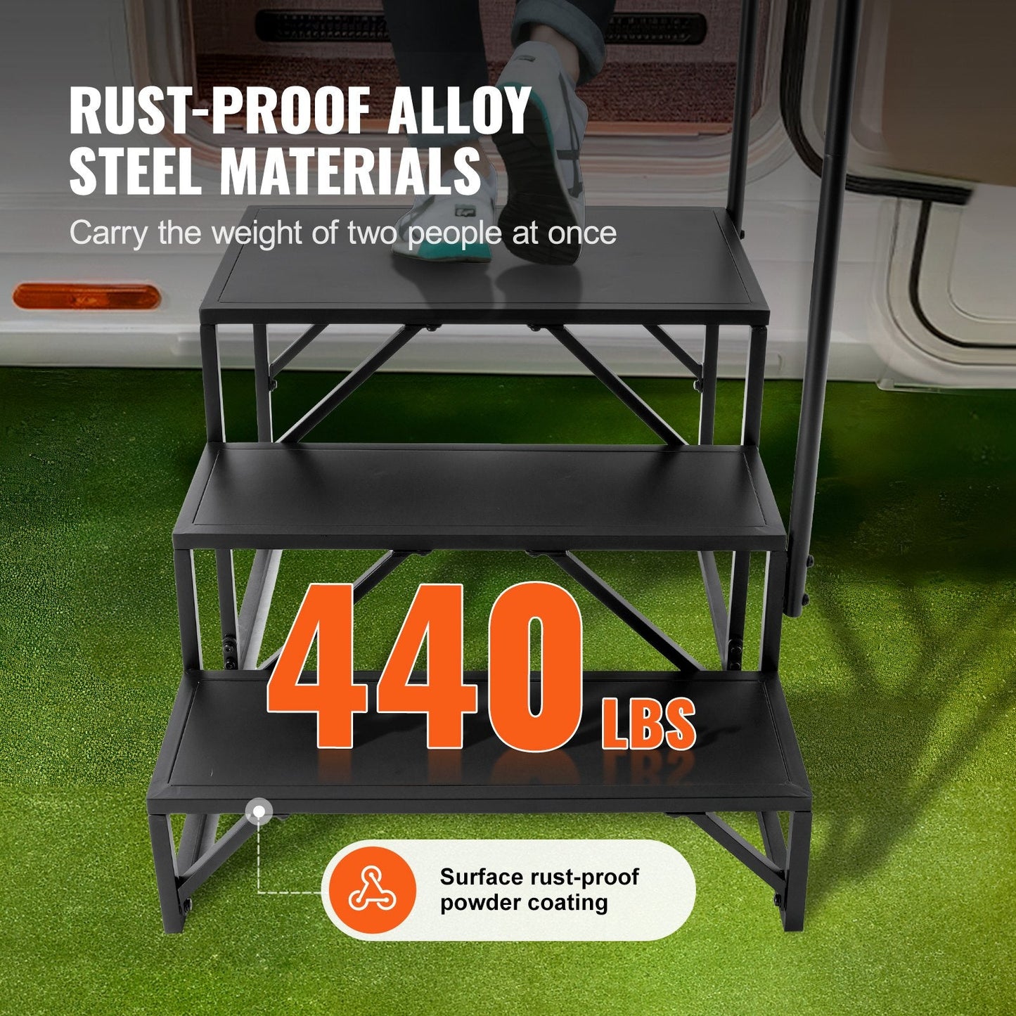 3-Step RV Stairs with Handrail, 200 kg Capacity, Carbon Steel, Non-Slip Steps