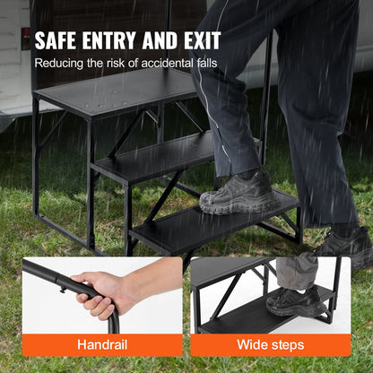 3-Step RV Stairs with Handrail, 200 kg Capacity, Carbon Steel, Non-Slip Steps