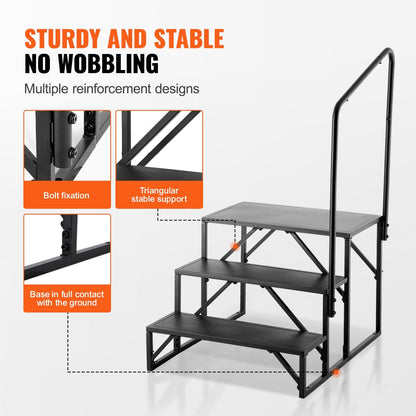 3-Step RV Stairs with Handrail, 200 kg Capacity, Carbon Steel, Non-Slip Steps