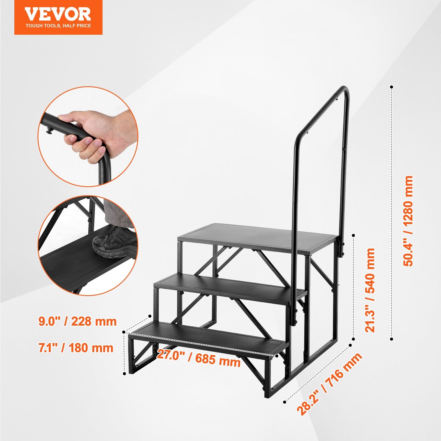 VEVOR RV Steps, 3-Step RV Stairs, 199.58KGS  Load Capacity, Thickened Carbon Steel,