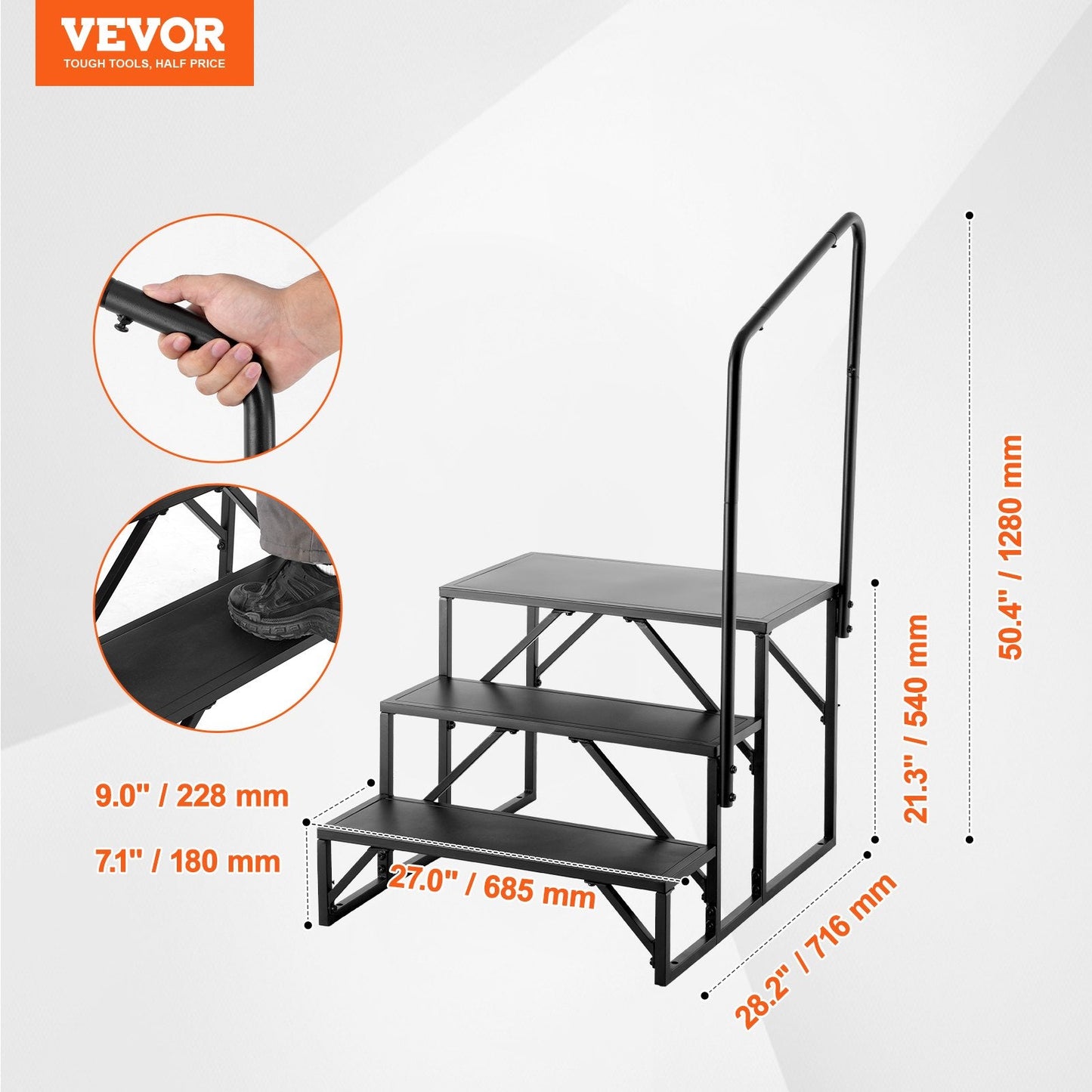 3-Step RV Stairs with Handrail, 200 kg Capacity, Carbon Steel, Non-Slip Steps