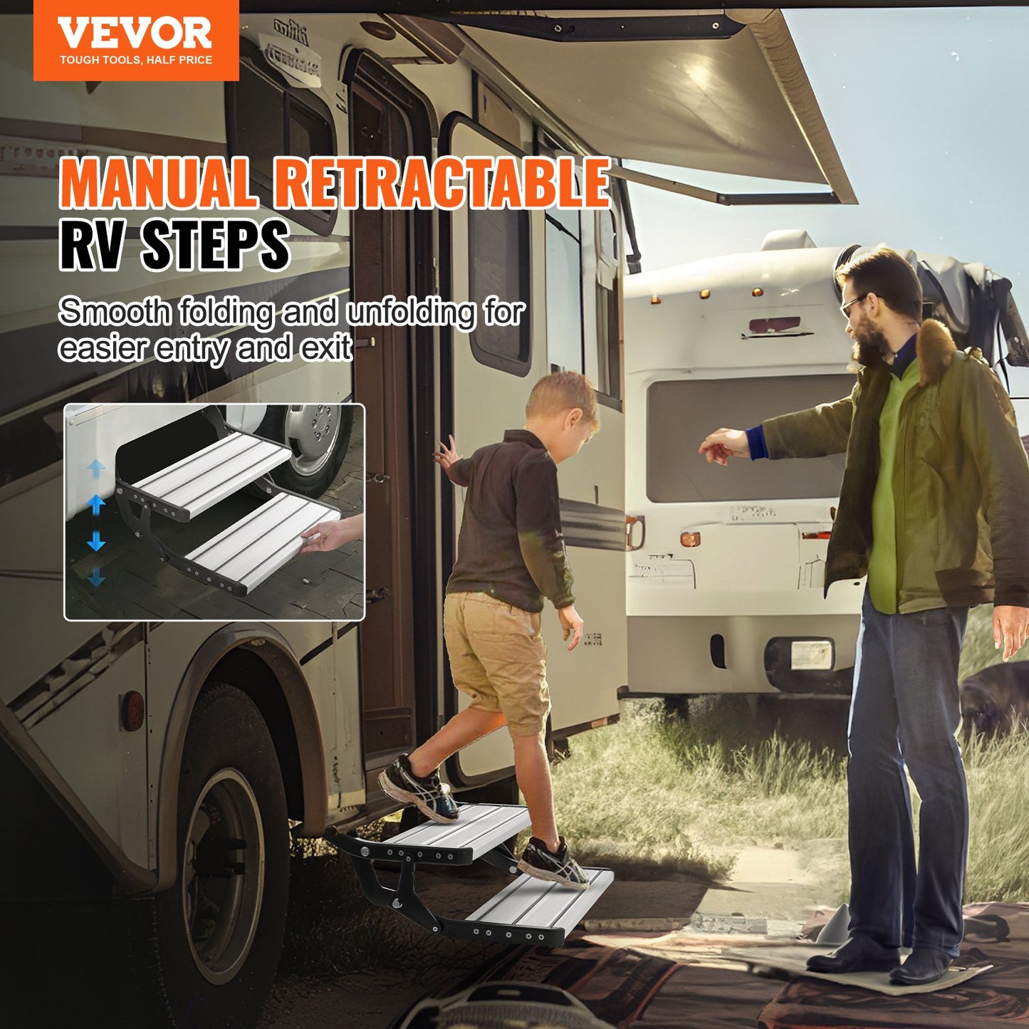 VEVOR RV Steps, 2-Step, Manual Retractable RV Stairs, Foldable, 440 LBS Load Capacity,
