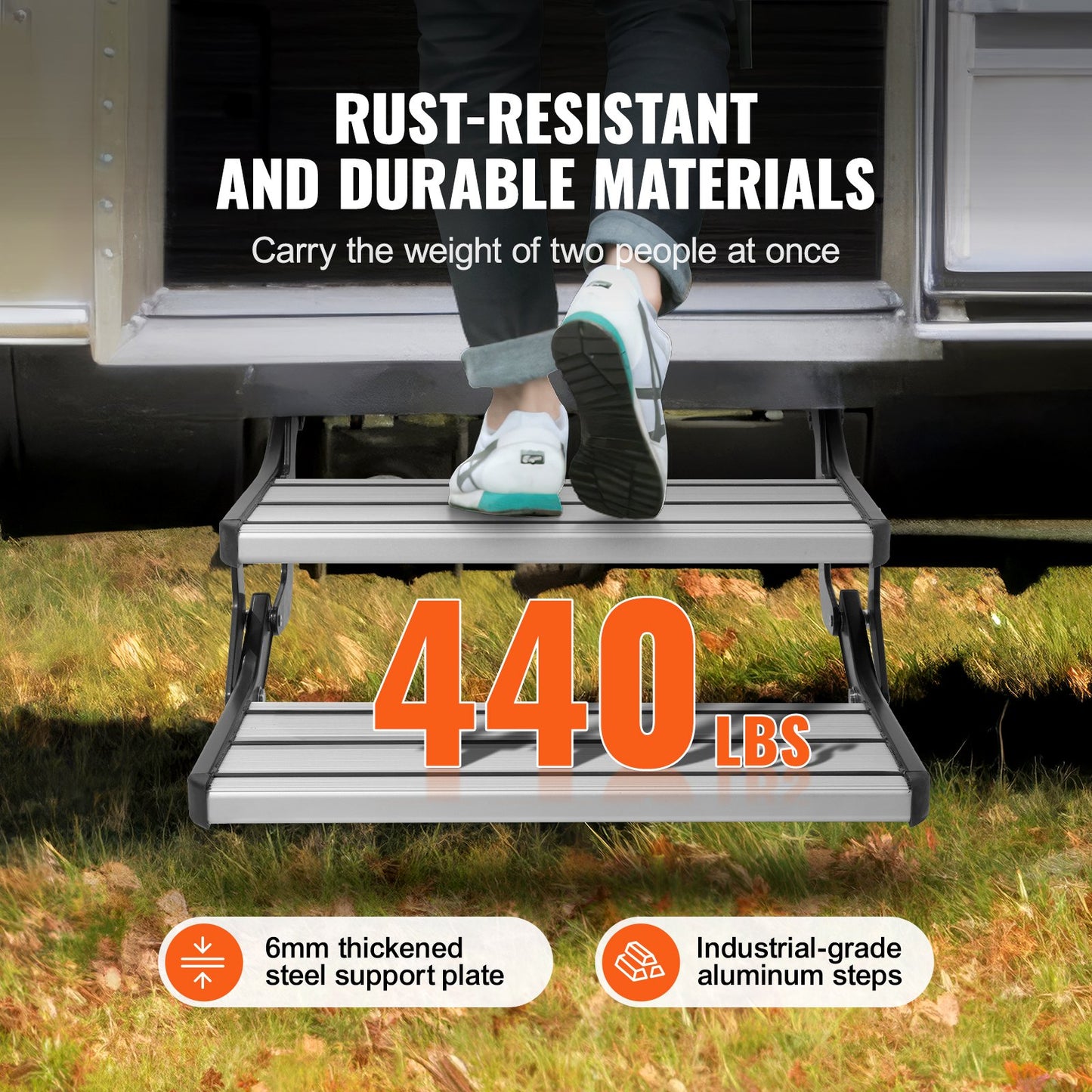 VEVOR RV Steps, 2-Step, Manual Retractable RV Stairs, Foldable, 440 LBS Load Capacity,