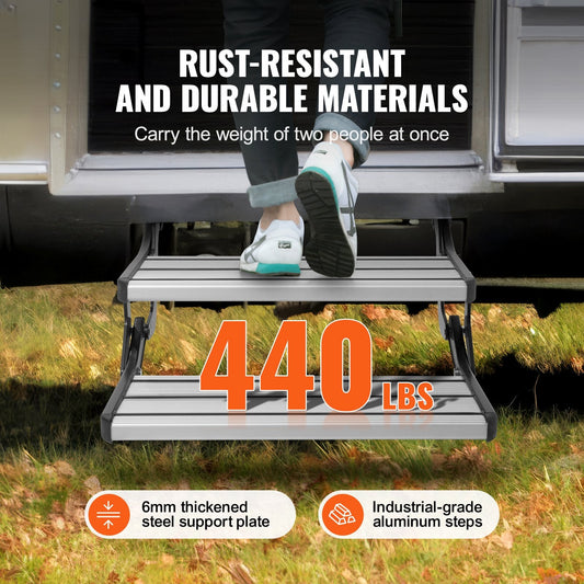 Manual Retractable 2-Step RV Stairs, 199.58 kg Capacity, Foldable & Non-Slip