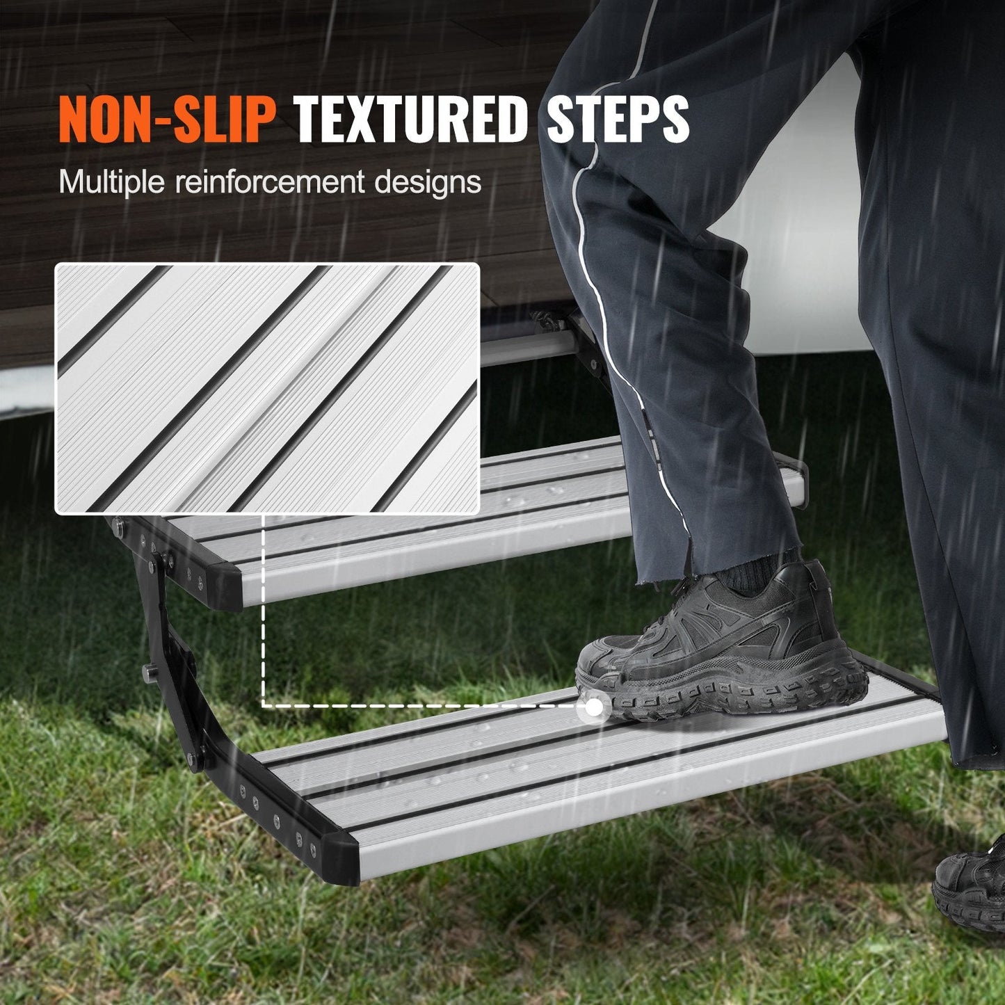 Manual Retractable 2-Step RV Stairs, 199.58 kg Capacity, Foldable & Non-Slip