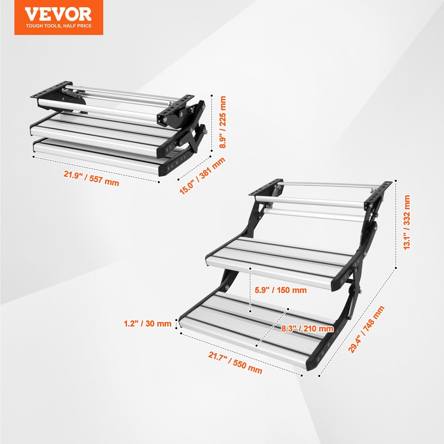 VEVOR RV Steps, 2-Step, Manual Retractable RV Stairs, Foldable, 440 LBS Load Capacity,