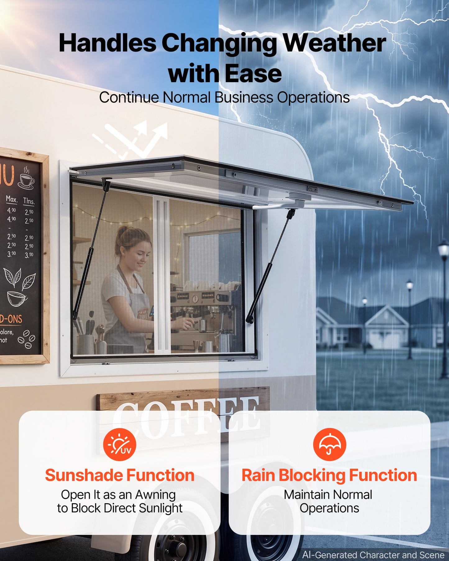 Concession Window 915x610mm Aluminum Alloy & Acrylic Service Window, for Food Truck, Up to 85 Degrees Stand Serving w/ 2 Sliding Screen Windows, Awning Door and Drag Hook, Rainwater Resistant