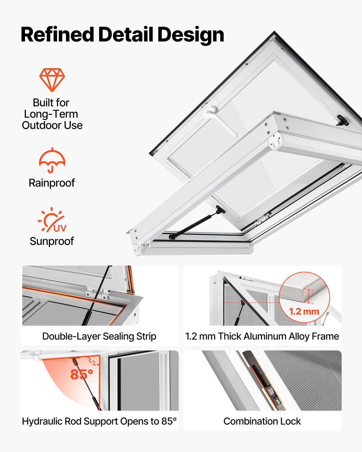 Concession Window 915x610mm Aluminum Alloy & Acrylic Service Window, for Food Truck, Up to 85 Degrees Stand Serving w/ 2 Sliding Screen Windows, Awning Door and Drag Hook, Rainwater Resistant