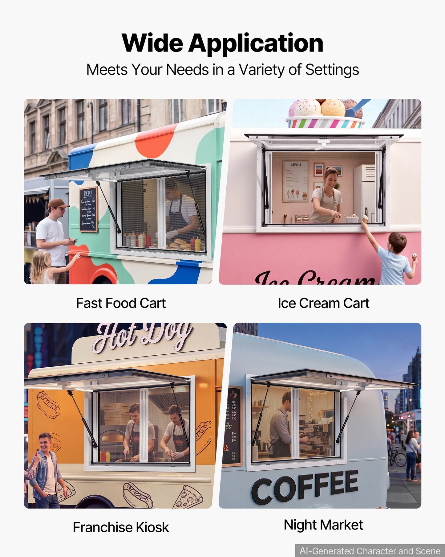 Concession Window 915x610mm Aluminum Alloy & Acrylic Service Window, for Food Truck, Up to 85 Degrees Stand Serving w/ 2 Sliding Screen Windows, Awning Door and Drag Hook, Rainwater Resistant