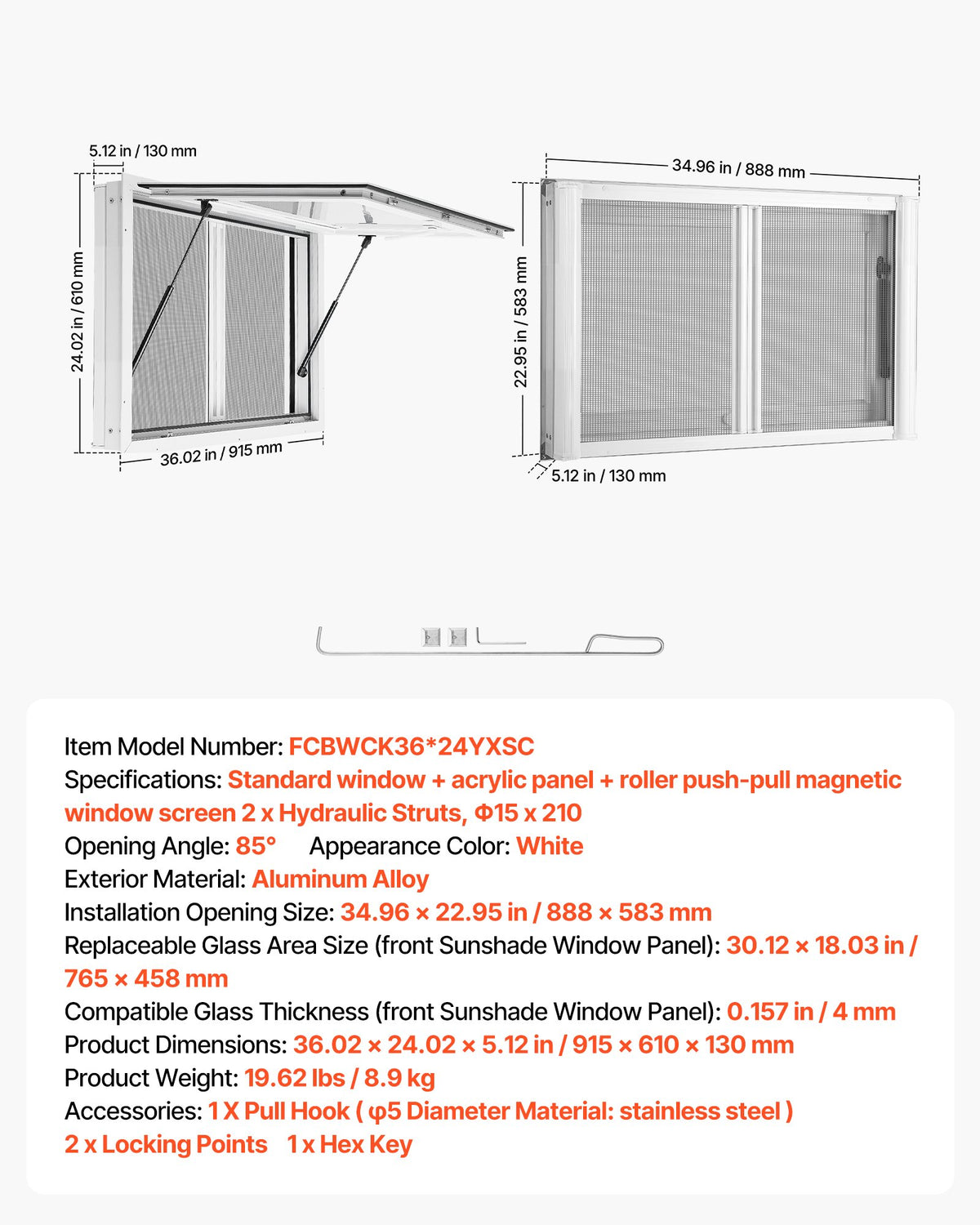 Concession Window 915x610mm Aluminum Alloy & Acrylic Service Window, for Food Truck, Up to 85 Degrees Stand Serving w/ 2 Sliding Screen Windows, Awning Door and Drag Hook, Rainwater Resistant
