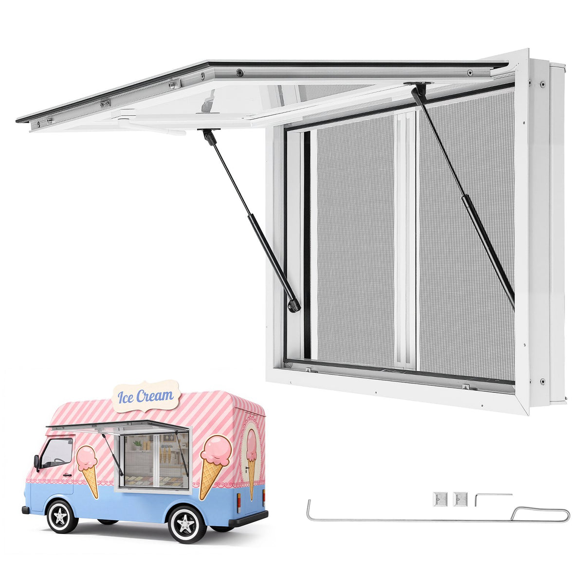 Concession Window 915x610mm Aluminum Alloy & Acrylic Service Window, for Food Truck, Up to 85 Degrees Stand Serving w/ 2 Sliding Screen Windows, Awning Door and Drag Hook, Rainwater Resistant