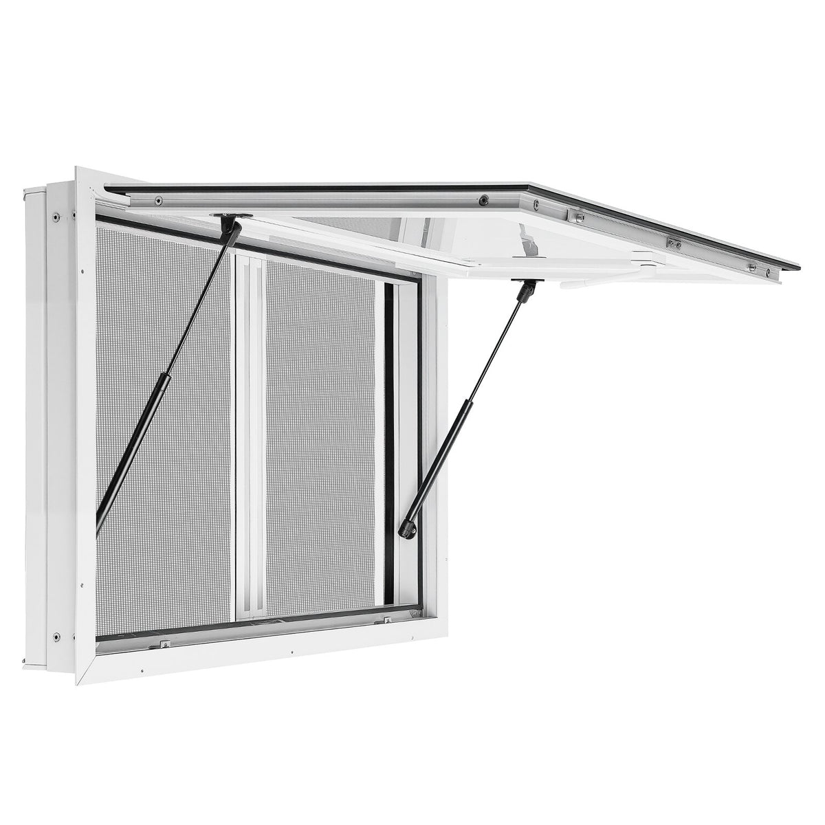 Concession Window 915x610mm Aluminum Alloy & Acrylic Service Window, for Food Truck, Up to 85 Degrees Stand Serving w/ 2 Sliding Screen Windows, Awning Door and Drag Hook, Rainwater Resistant