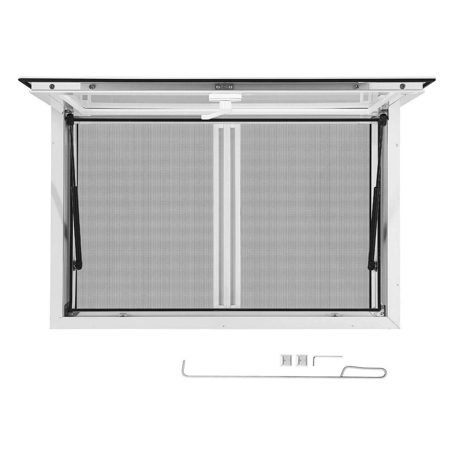 Concession Window 915x610mm Aluminum Alloy & Acrylic Service Window, for Food Truck, Up to 85 Degrees Stand Serving w/ 2 Sliding Screen Windows, Awning Door and Drag Hook, Rainwater Resistant