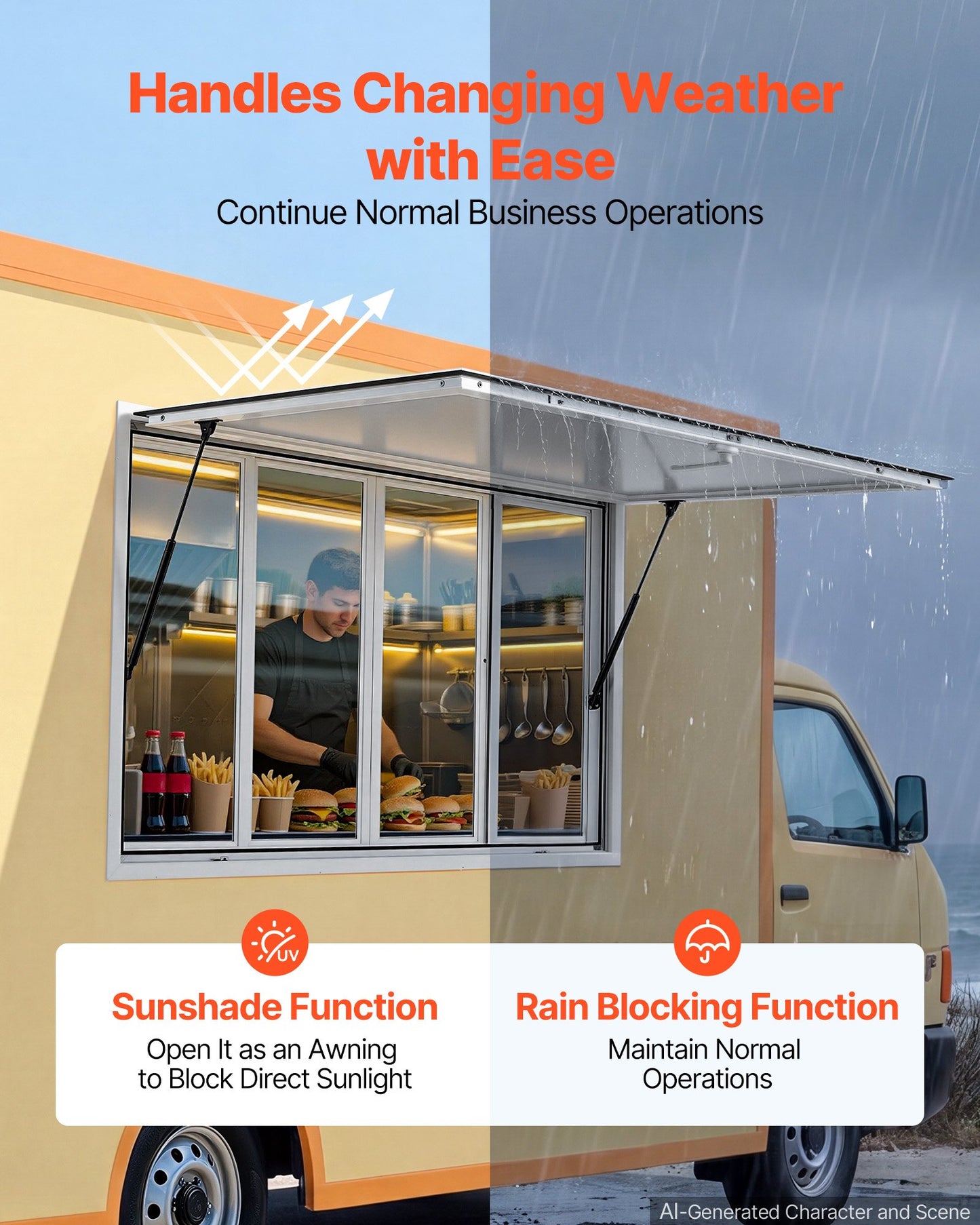 Concession Window 1524x915mm Aluminum Alloy Service Window, for Food Truck, Up to 85 Degrees Stand Serving w/ 4 Sliding Acrylic Windows, Awning Door and Drag Hook, Rainwater Resistant