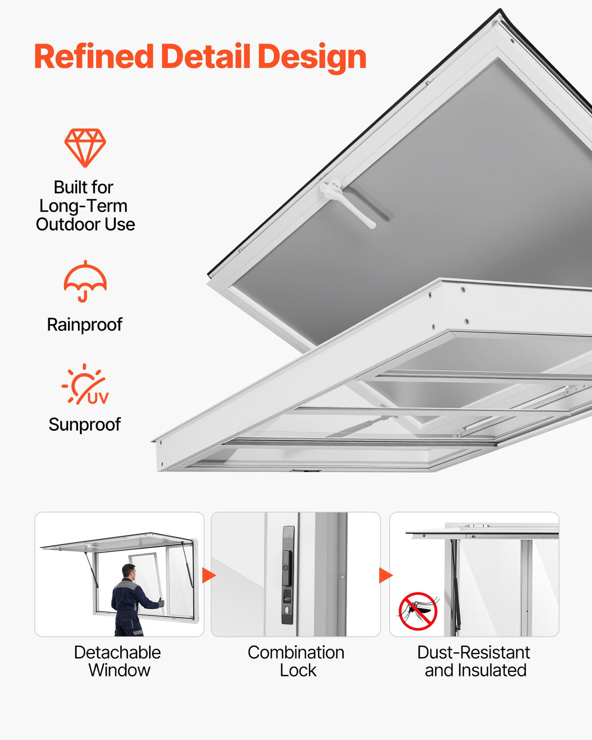 Concession Window 1524x915mm Aluminum Alloy Service Window, for Food Truck, Up to 85 Degrees Stand Serving w/ 4 Sliding Acrylic Windows, Awning Door and Drag Hook, Rainwater Resistant