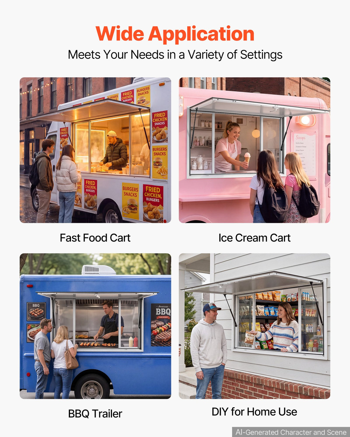 Concession Window 1524x915mm Aluminum Alloy Service Window, for Food Truck, Up to 85 Degrees Stand Serving w/ 4 Sliding Acrylic Windows, Awning Door and Drag Hook, Rainwater Resistant