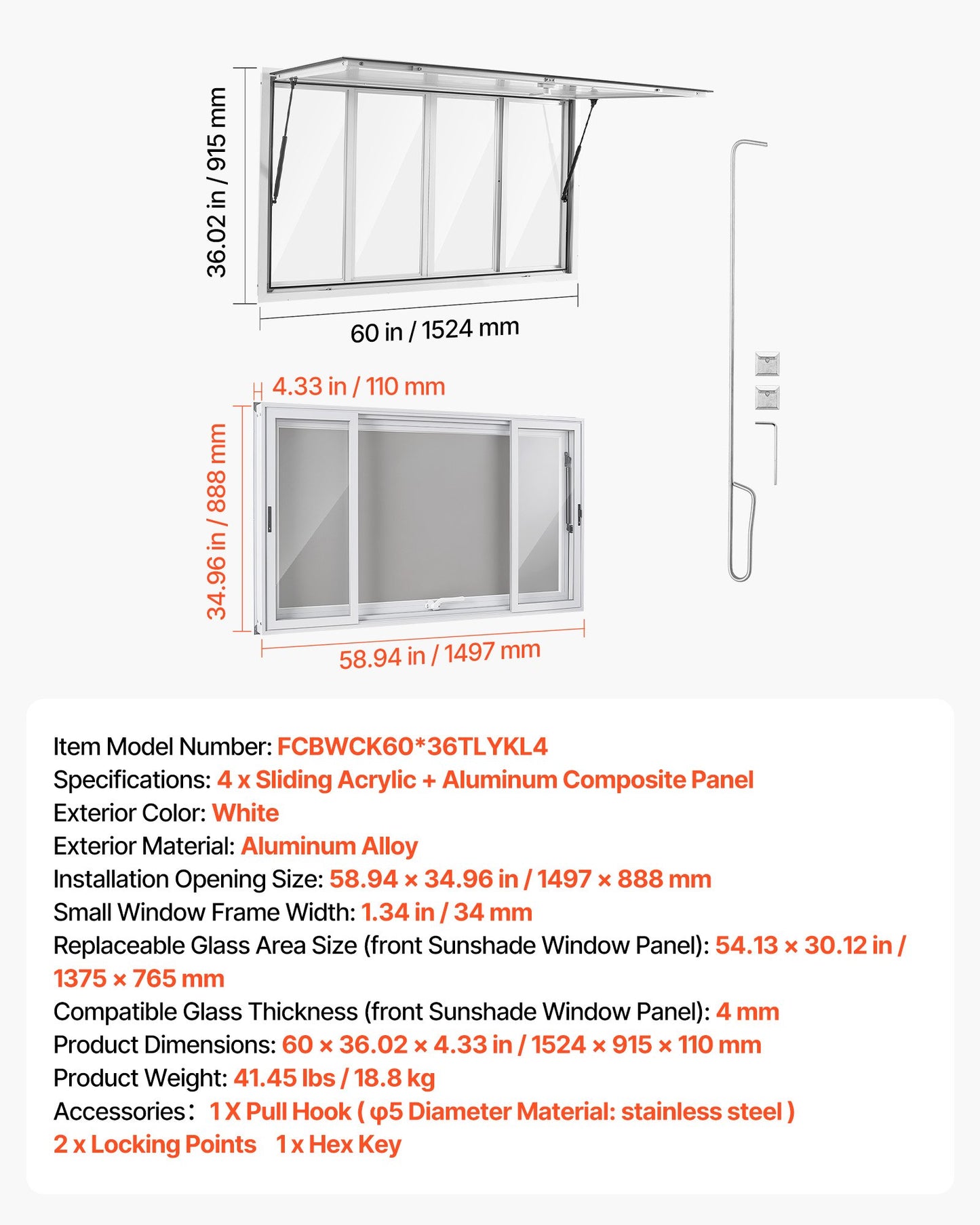 Concession Window 1524x915mm Aluminum Alloy Service Window, for Food Truck, Up to 85 Degrees Stand Serving w/ 4 Sliding Acrylic Windows, Awning Door and Drag Hook, Rainwater Resistant