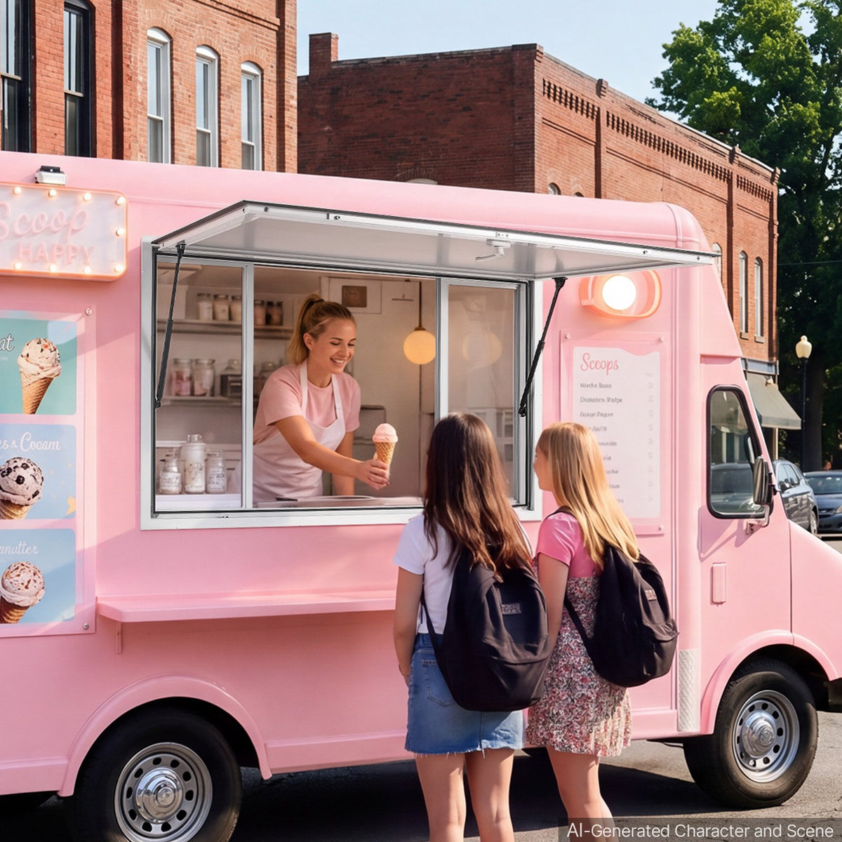 Concession Window 1524x915mm Aluminum Alloy Service Window, for Food Truck, Up to 85 Degrees Stand Serving w/ 4 Sliding Acrylic Windows, Awning Door and Drag Hook, Rainwater Resistant