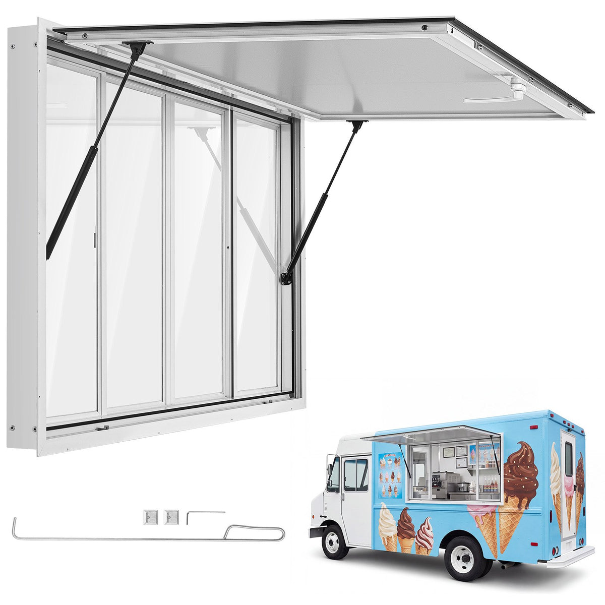 Concession Window 1524x915mm Aluminum Alloy Service Window, for Food Truck, Up to 85 Degrees Stand Serving w/ 4 Sliding Acrylic Windows, Awning Door and Drag Hook, Rainwater Resistant