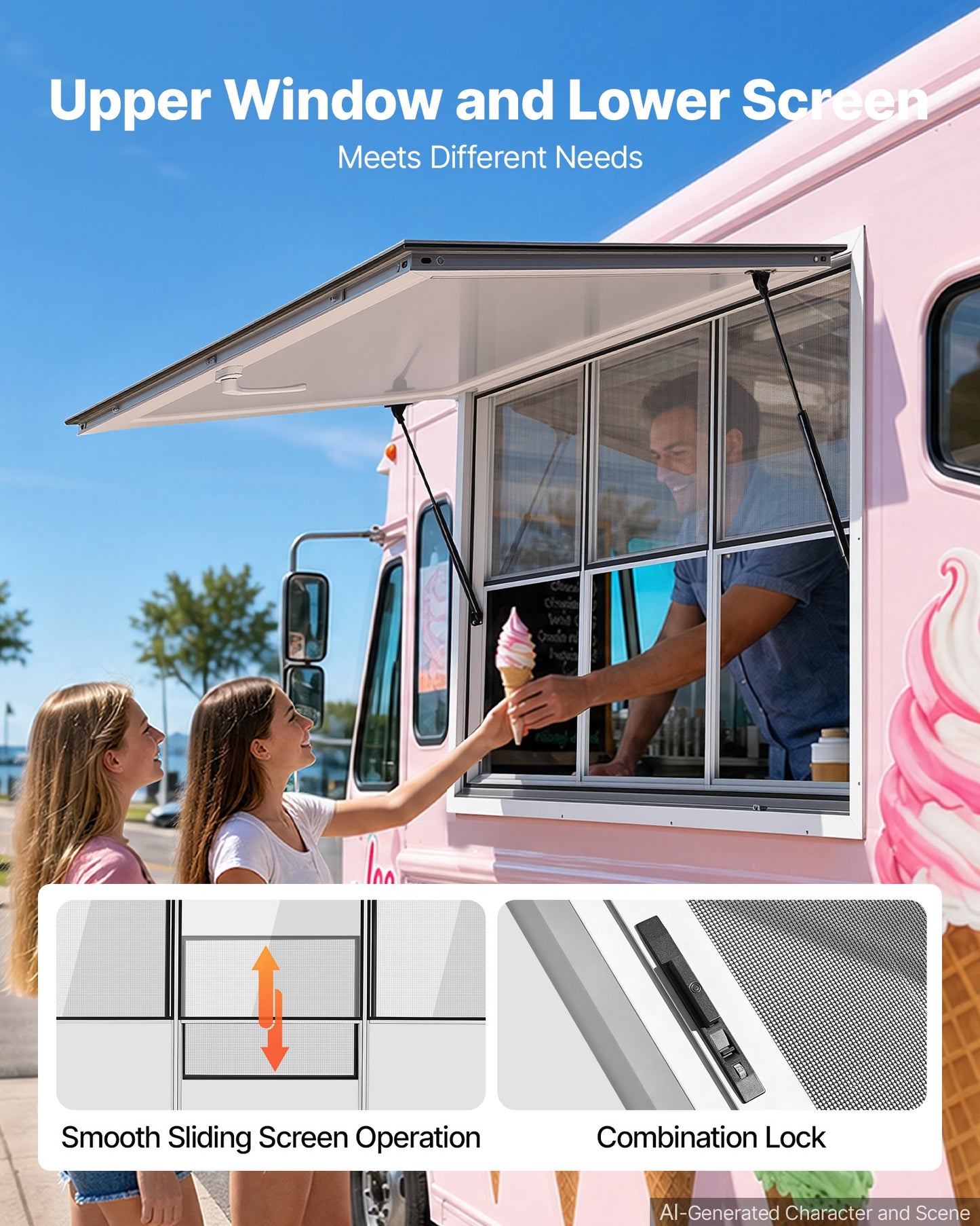Concession Window 1524x915mm Aluminum Alloy Service Window, for Food Truck, Up to 85 Degrees Stand Serving w/ 3 Fixed & 3 Sliding Windows, Awning Door and Drag Hook, Rainwater Resistant