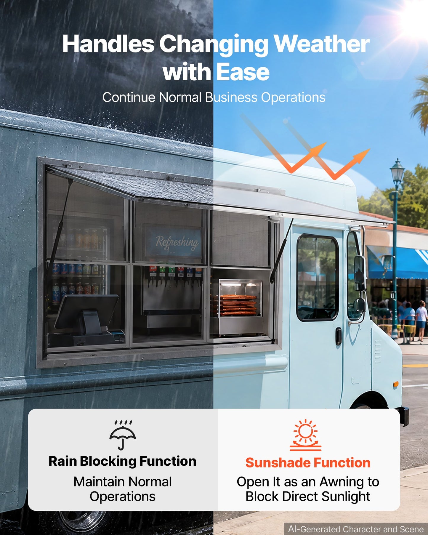Concession Window 1524x915mm Aluminum Alloy Service Window, for Food Truck, Up to 85 Degrees Stand Serving w/ 3 Fixed & 3 Sliding Windows, Awning Door and Drag Hook, Rainwater Resistant