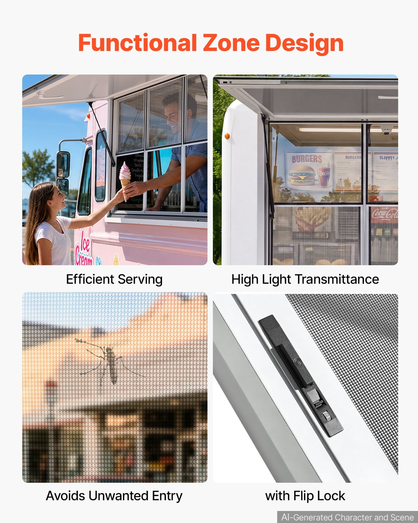 Concession Window 1524x915mm Aluminum Alloy Service Window, for Food Truck, Up to 85 Degrees Stand Serving w/ 3 Fixed & 3 Sliding Windows, Awning Door and Drag Hook, Rainwater Resistant