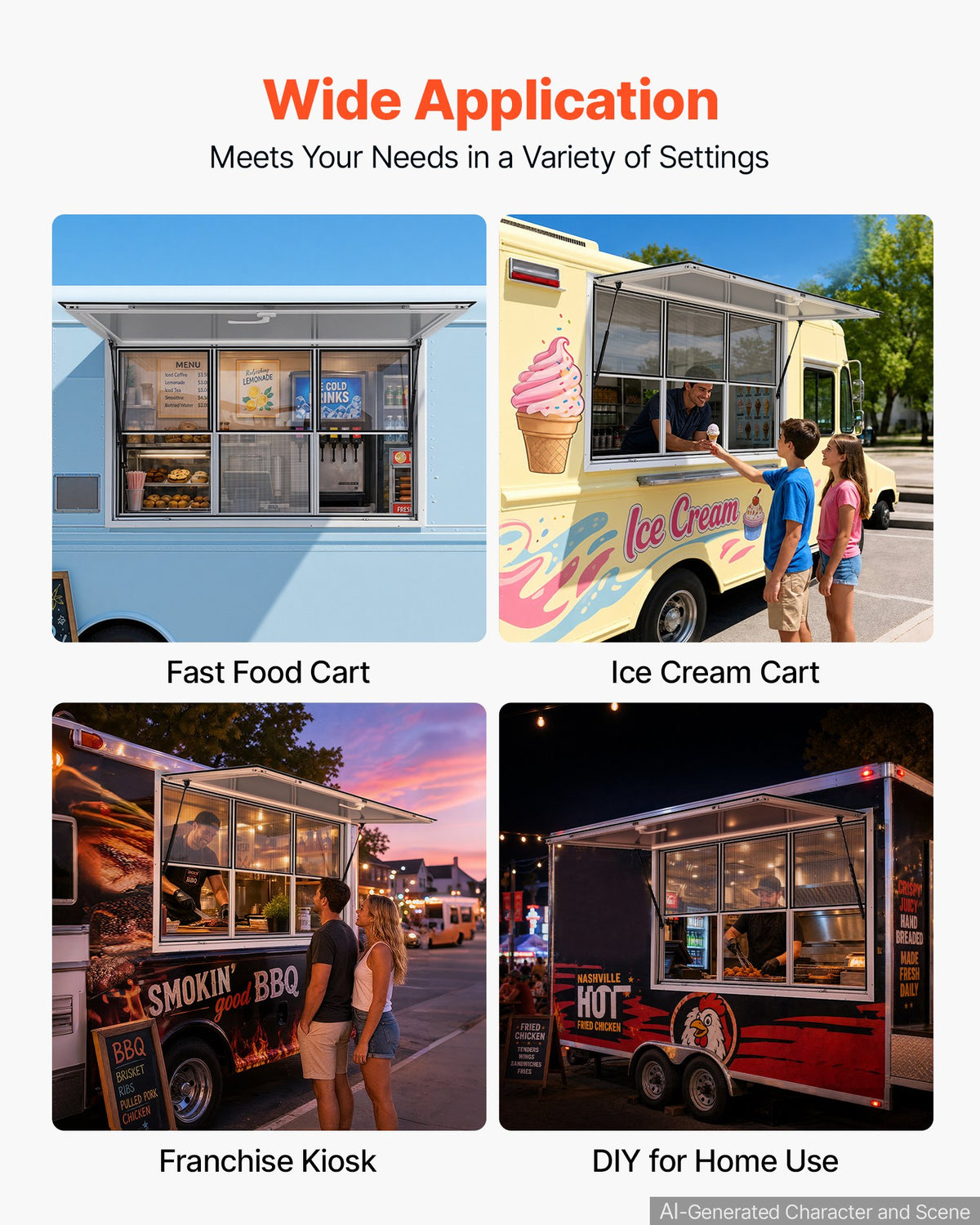 Concession Window 1524x915mm Aluminum Alloy Service Window, for Food Truck, Up to 85 Degrees Stand Serving w/ 3 Fixed & 3 Sliding Windows, Awning Door and Drag Hook, Rainwater Resistant