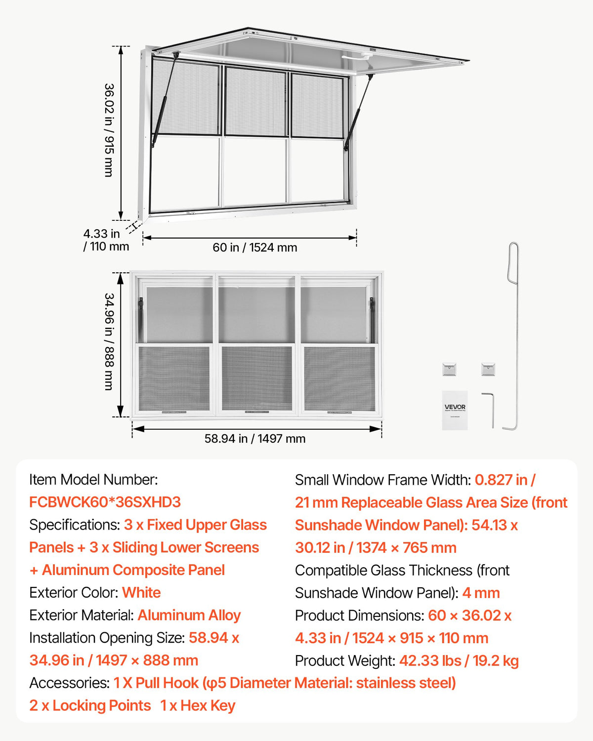 Concession Window 1524x915mm Aluminum Alloy Service Window, for Food Truck, Up to 85 Degrees Stand Serving w/ 3 Fixed & 3 Sliding Windows, Awning Door and Drag Hook, Rainwater Resistant
