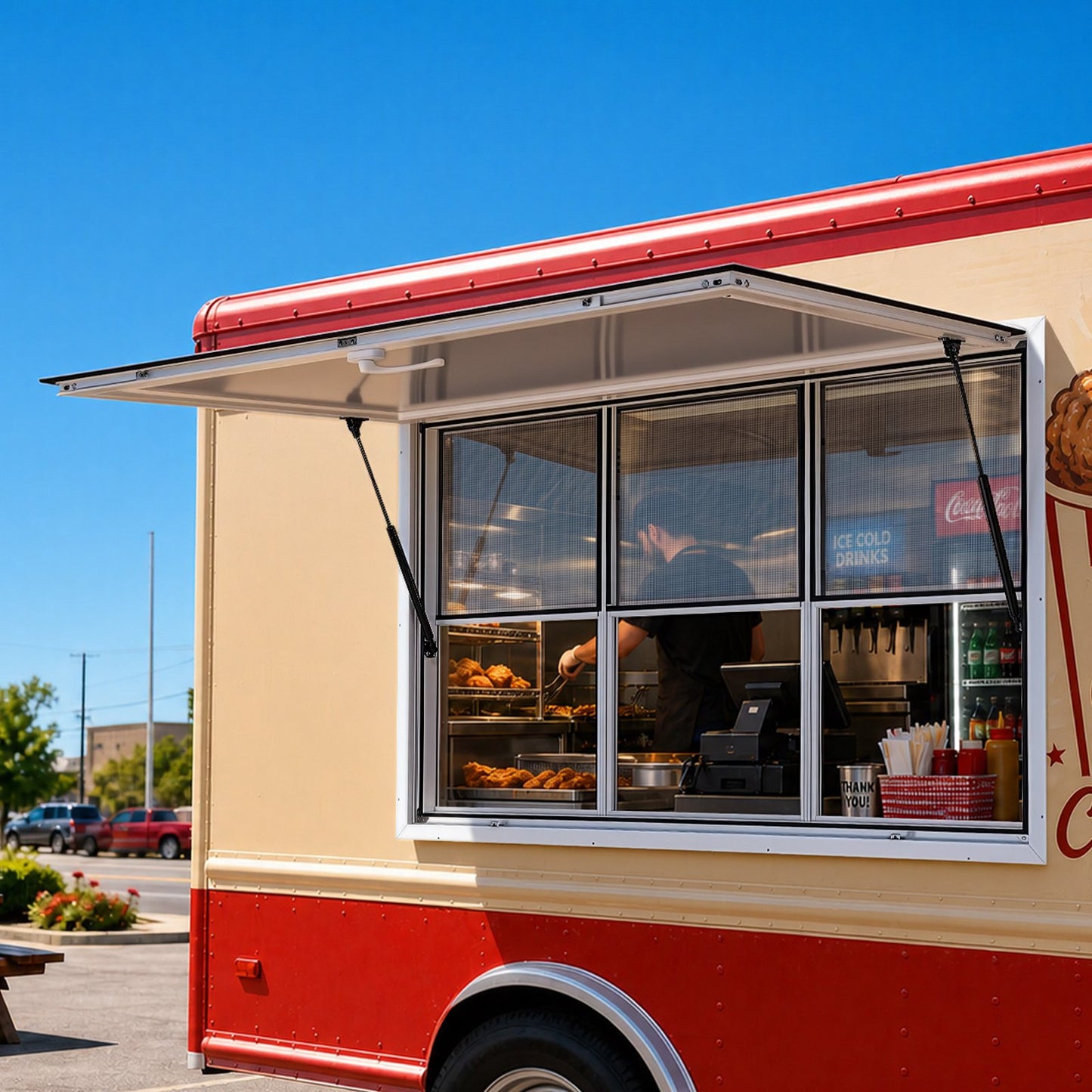 Concession Window 1524x915mm Aluminum Alloy Service Window, for Food Truck, Up to 85 Degrees Stand Serving w/ 3 Fixed & 3 Sliding Windows, Awning Door and Drag Hook, Rainwater Resistant