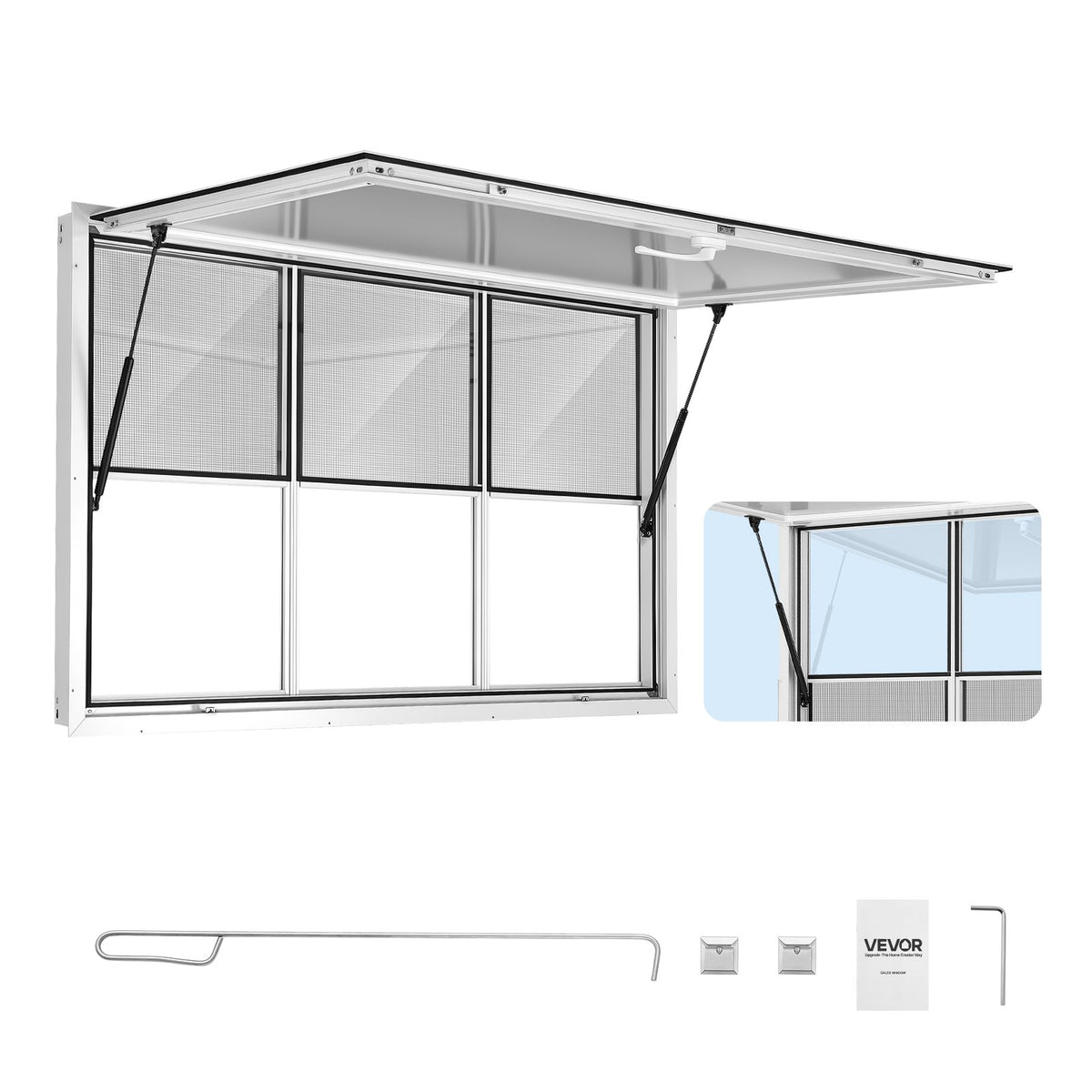 Concession Window 1524x915mm Aluminum Alloy Service Window, for Food Truck, Up to 85 Degrees Stand Serving w/ 3 Fixed & 3 Sliding Windows, Awning Door and Drag Hook, Rainwater Resistant