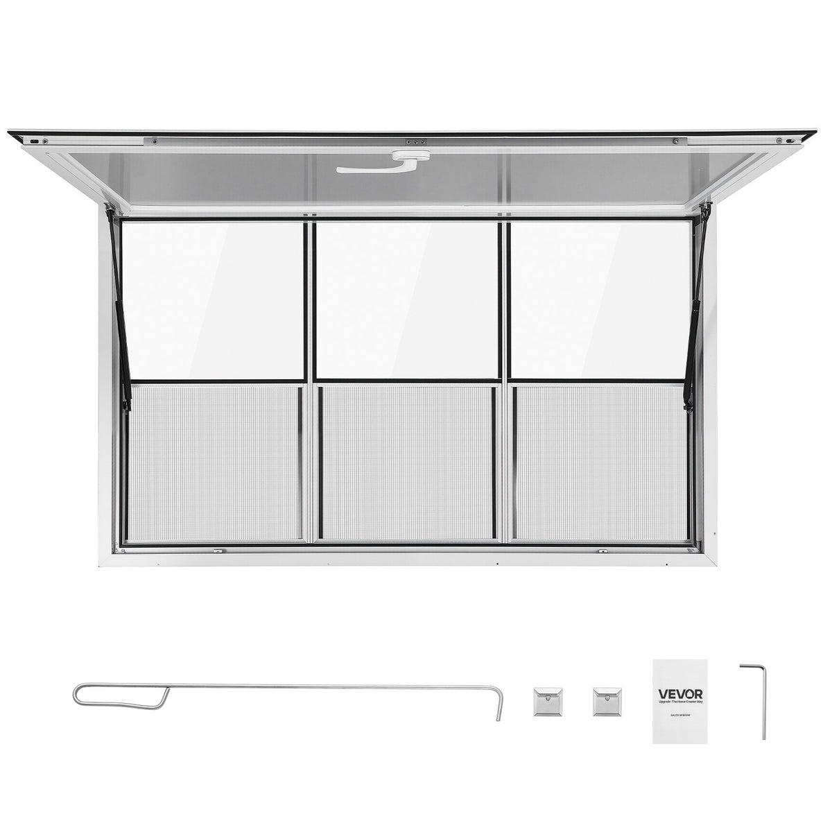 Concession Window 1524x915mm Aluminum Alloy Service Window, for Food Truck, Up to 85 Degrees Stand Serving w/ 3 Fixed & 3 Sliding Windows, Awning Door and Drag Hook, Rainwater Resistant