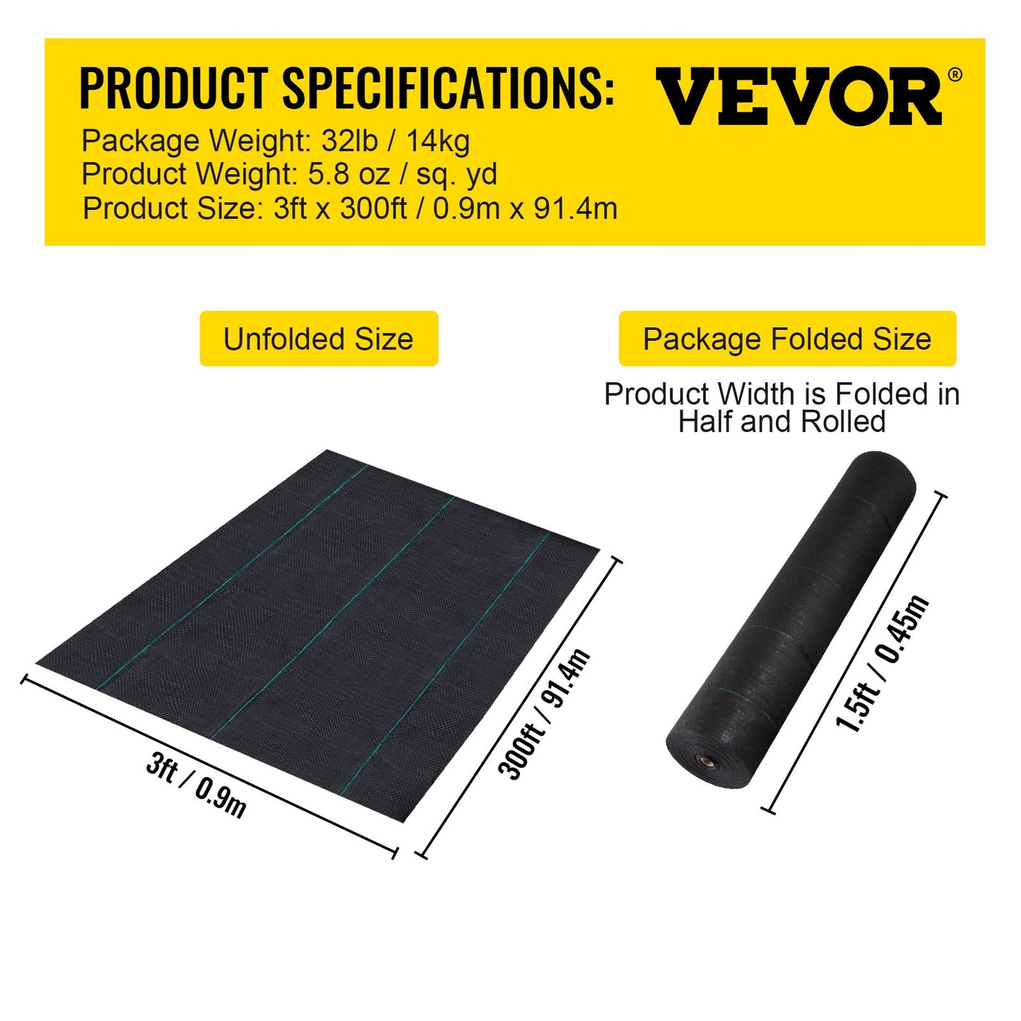 VEVOR Woven Ground Cover Weed Barrier 5.8oz Landscape Fabric 3'x 300' Garden Mat