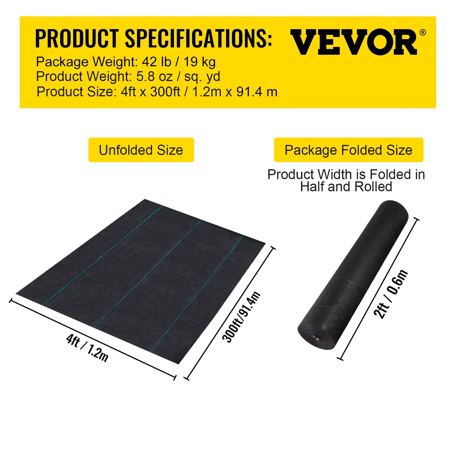 VEVOR Weed Barrier, 5.8oz Landscape Fabric, 4ft x 300ft Cover Mat Heavy Duty Woven