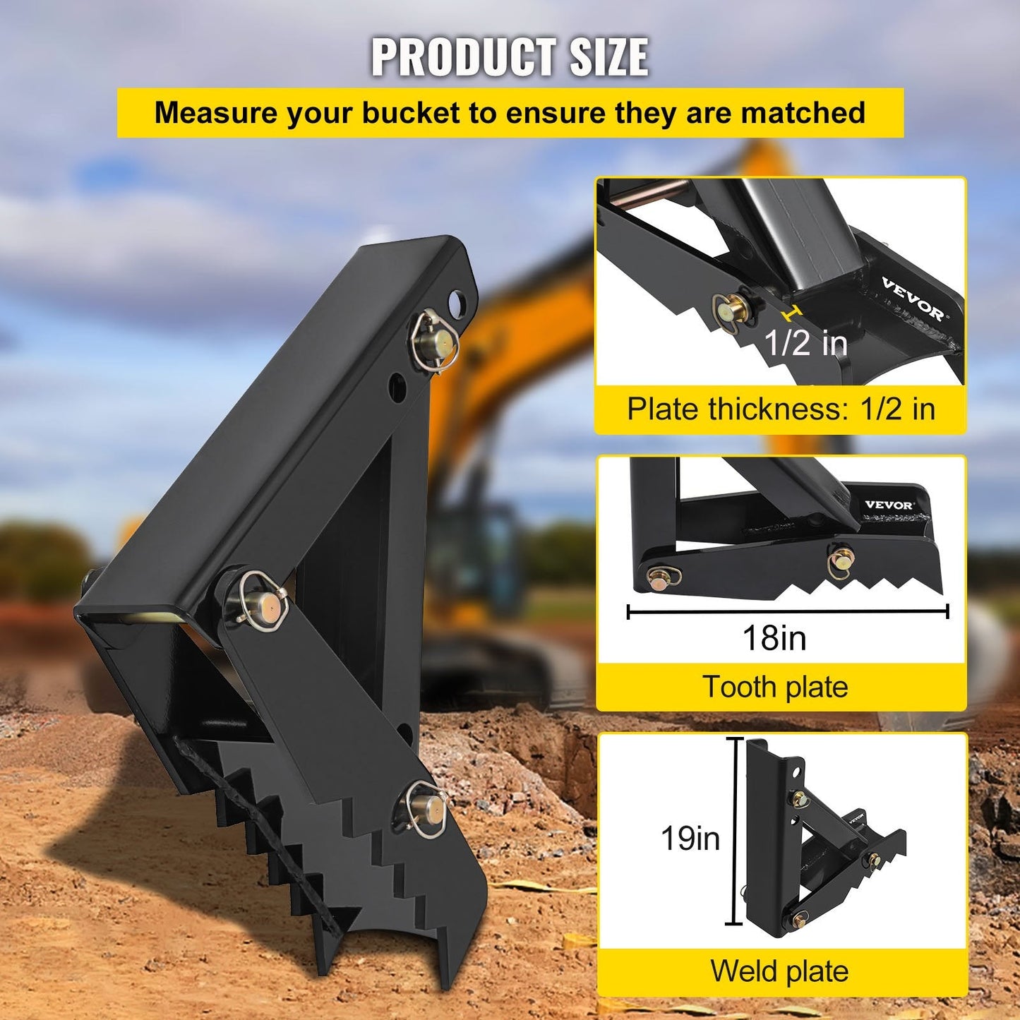 Heavy Duty 0.46m Backhoe Thumb with 12mm Teeth for Excavators, Black Steel
