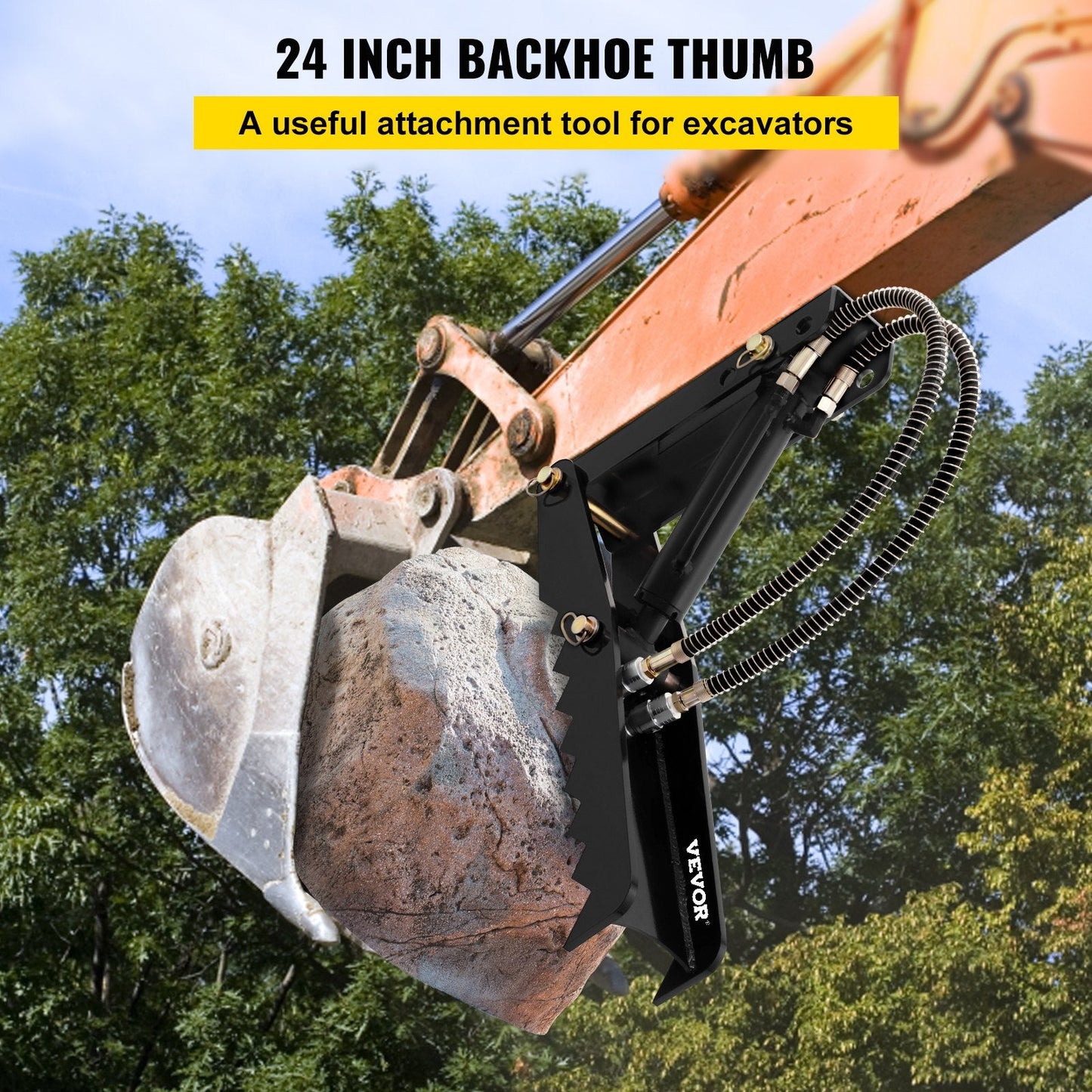 Hydraulic Backhoe Excavator Thumb Attachment, 0.61m, 1.27cm Thick Teeth, Steel