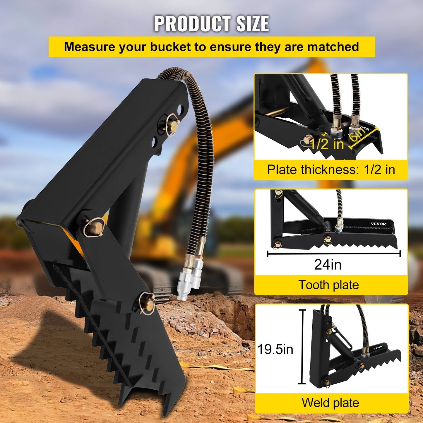 Hydraulic Backhoe Excavator Thumb Attachment, 0.61m, 1.27cm Thick Teeth, Steel