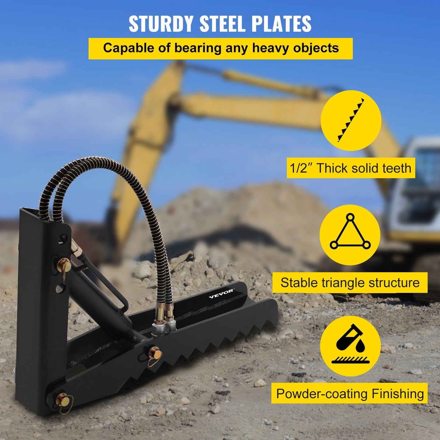 Hydraulic Backhoe Excavator Thumb Attachment, 0.61m, 1.27cm Thick Teeth, Steel